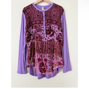 🆕Aratta Velvet Burnout Women's Blouse Henley Button down Tunic Purple Sz S